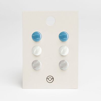 Semplici orecchini a bottone in vetro set di 3 realizzati in vetro / azzurro • bianco neve • grigio grafite / riciclati e fatti a mano