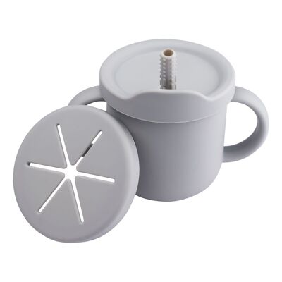 Tasse d'entraînement pour bébé. Tasse à 4 voies avec paille et couvercle pour pot à collation (gris)