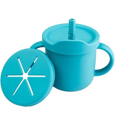 Tasse d'entraînement pour bébé. Tasse à 4 voies avec paille et couvercle pour pot à collation (bleu sarcelle)