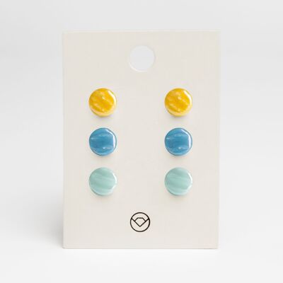 Semplici orecchini a bottone in vetro set di 3 realizzati in vetro / giallo sole • azzurro • verde menta / riciclati e fatti a mano