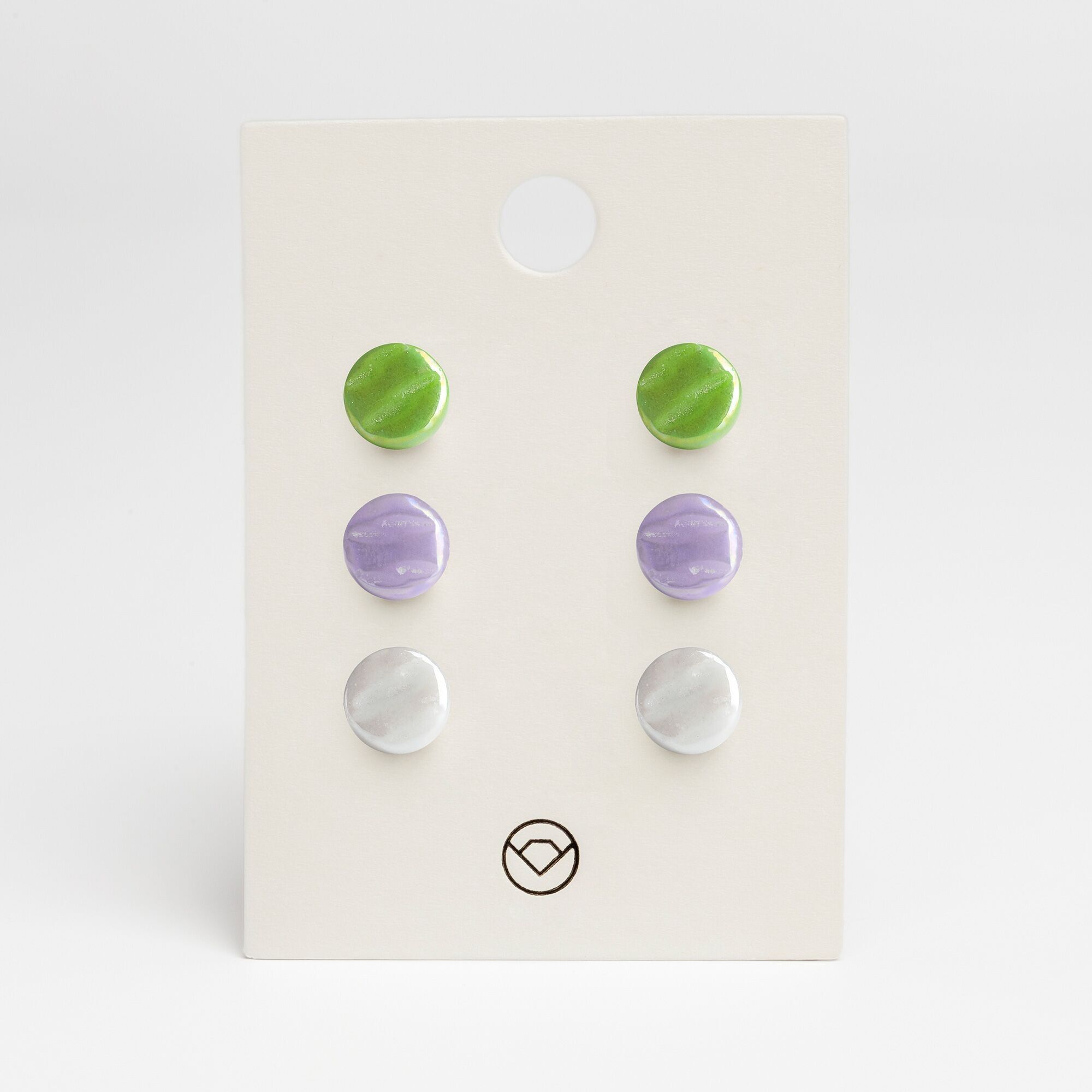 Semplici orecchini a bottone in vetro set di 3 realizzati in vetro / verde lime • lavanda • grigio grafite / riciclati e fatti a mano