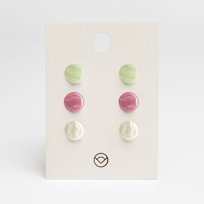 Set di 3 semplici orecchini a bottone in vetro realizzati in vetro / verde maggio • rosa quarzo • bianco madreperla / riciclati e fatti a mano