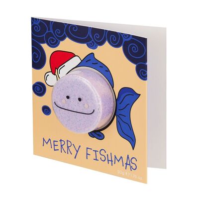 Biglietto con bomba da bagno ai mirtilli "Merry Fishmas" (50 g)