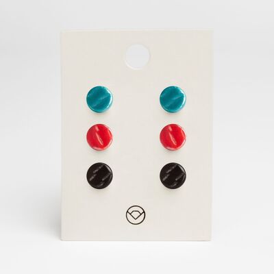 Semplici orecchini a bottone in vetro set di 3 realizzati in vetro / verde malachite • rosso ciliegia • onice nero / riciclati e fatti a mano