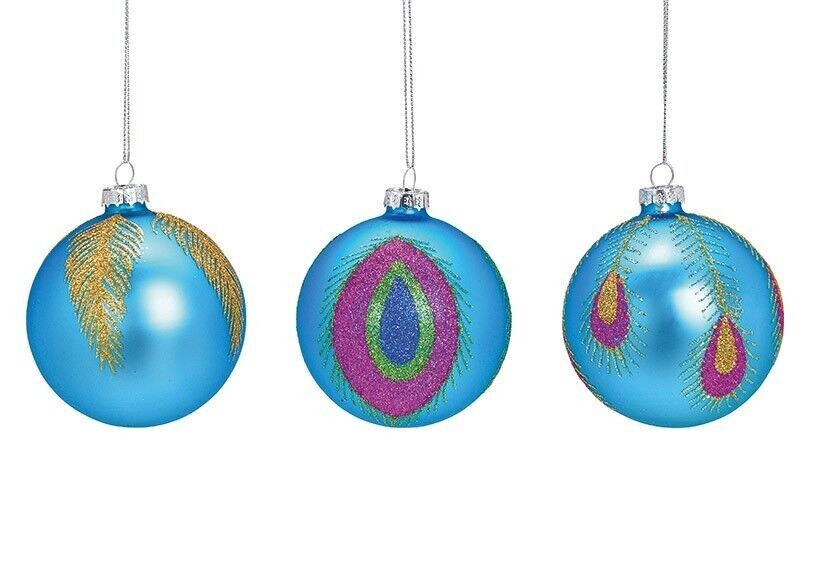 Boule de Noël pailletée déco printanière en verre turquoise 3 volets