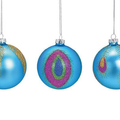 Christmas ball glitter spring decor made of glass turquoise 3-fold
