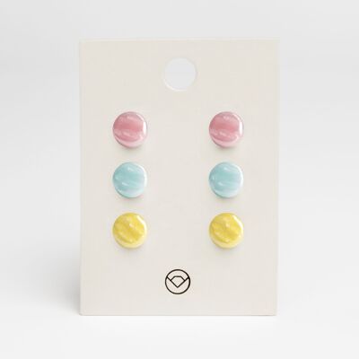 Semplici orecchini a bottone in vetro set di 3 realizzati in vetro / rosa delicato • azzurro • giallo limone / riciclati e fatti a mano