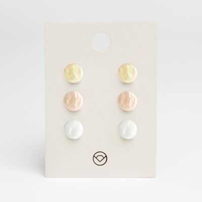 Semplici orecchini a bottone in vetro set di 3 realizzati in vetro / giallo sabbia • albicocca • bianco neve / riciclati e fatti a mano