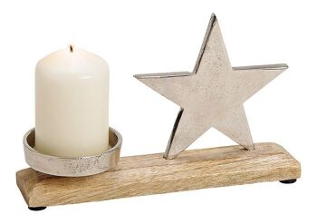 Bougeoir en métal, décor étoile en bois de manguier argent (L/H/P) 23x16x5cm