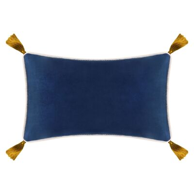 Cuscino rettangolare in velluto blu navy con nappe ocra