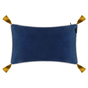 Coussin rectangulaire en velours bleu marine et pompons ocre 2