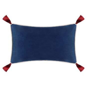 Coussin rectangulaire en velours bleu marine et pompons ocre 3