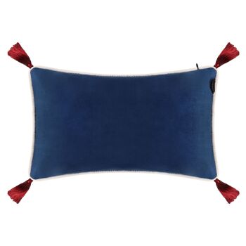 Coussin rectangulaire en velours bleu marine et pompons ocre 5