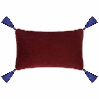 Coussin rectangulaire en velours bordeaux avec pompons