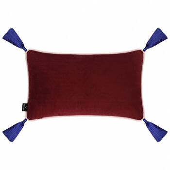 Coussin rectangulaire en velours bordeaux avec pompons 3