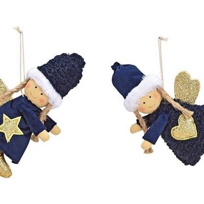 Hanging angel made of textile blue, gold glittering 2-fold, (W/H/D) 18x11x4cm