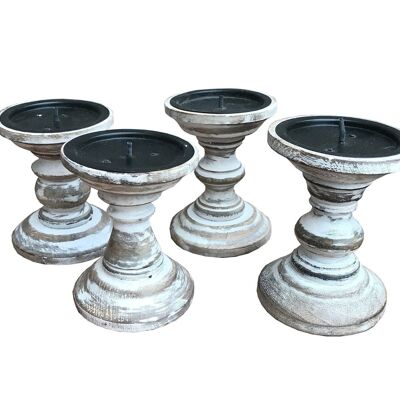 Set of 4 White Wooden Candlestick Church Pillar Candle Holders