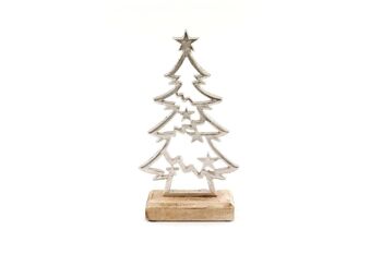 Sapin de Noël argenté sur socle en bois petit 1