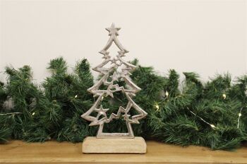 Sapin de Noël argenté sur socle en bois petit 2