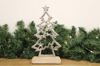 Sapin de Noël argenté sur socle en bois petit 3