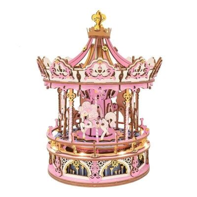 Muziekdoos Hout DIY 3D Puzzel Romantic Carousel Dream Version met LED, Robotime, AMK62J, 23,5x17x17cm