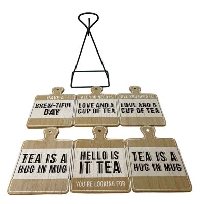 Ensemble de six sous-verres à slogan de thé sur support en métal