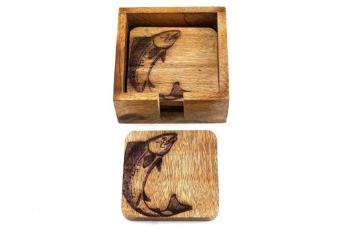 Set Of Four Wooden Engraved Salmon Coasters