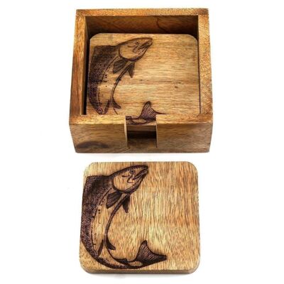 Set Of Four Wooden Engraved Salmon Coasters