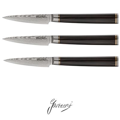 Gartnerst® 3 x paring knives »"LESSBLADEmini" 90mm / 3.5''", Damascus steel