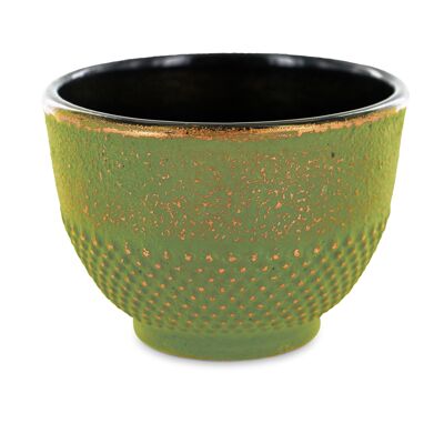 Green and gold cast iron mug