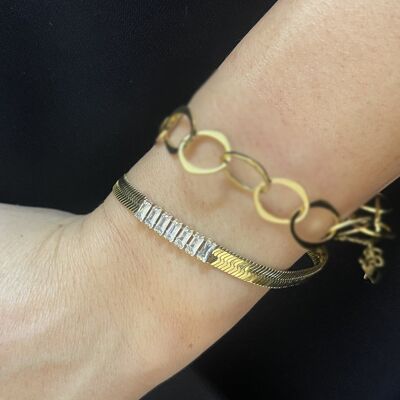 Bracciale regolabile in acciaio con catena larga e strass Snake