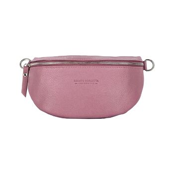 RB1015AZ | Sac banane avec bandoulière amovible en cuir véritable fabriqué en Italie. Attaches avec mousquetons en métal nickel brillant - Coloris rose antique - Dimensions : 24 x 14 x 7 2