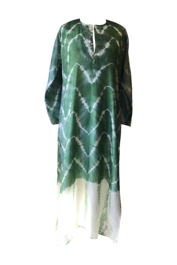 Caftan long tie-dye vert et blanc en pure soie