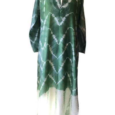 Caftán largo de pura seda con efecto tie-dye verde y blanco