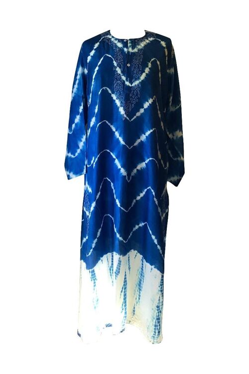 Pure Silk Long Blue and White Tie-Dye Kaftan
