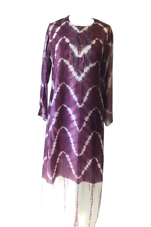 Pure Silk Long Dull Pink and White Tie-Dye Kaftan