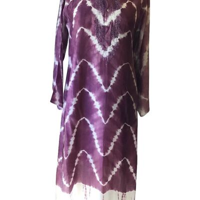 Caftan long en pure soie rose terne et blanc tie-dye