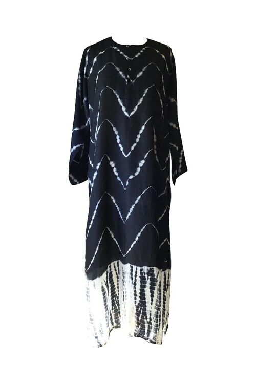 Pure Silk Long Black and White Tie-Dye Kaftan