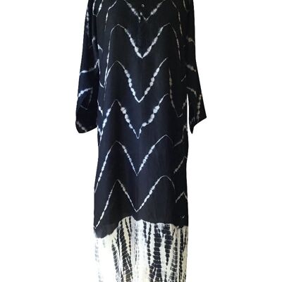 Caftan long tie-dye noir et blanc en pure soie