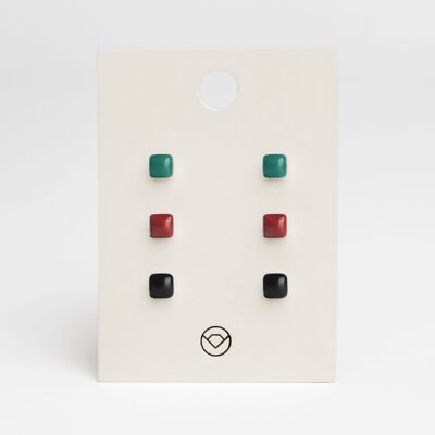 Pendientes geométricos conjunto de 3 / verde malaquita • rojo cereza • negro ónix / reciclado y hecho a mano