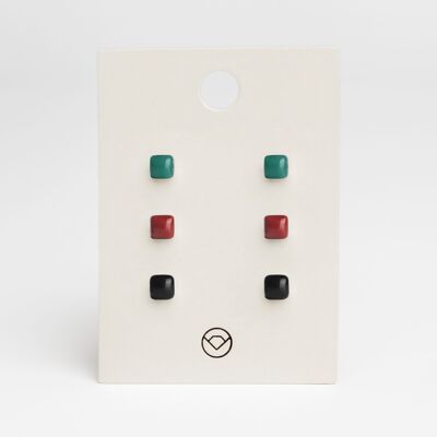 Geometric earrings set of 3 / malachite green • cherry red • onyx black / upcycled & handmade