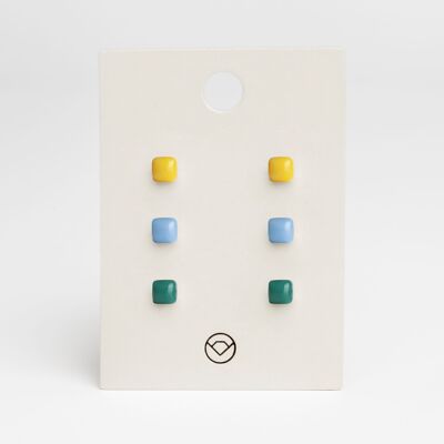 Boucles d'oreilles géométriques set de 3 / jaune soleil • bleu ciel • vert malachite / upcycled & fait main