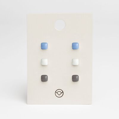 Geometric earrings set of 3 / sky blue • snow white • graphite gray / upcycled & handmade