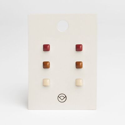 Pendientes geométricos juego de 3 / rojo cereza • marrón nuez • marrón arena / reciclado y hecho a mano