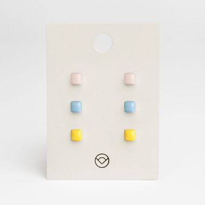 Geometric earrings set of 3 / soft pink • sky blue • lemon yellow / upcycled & handmade