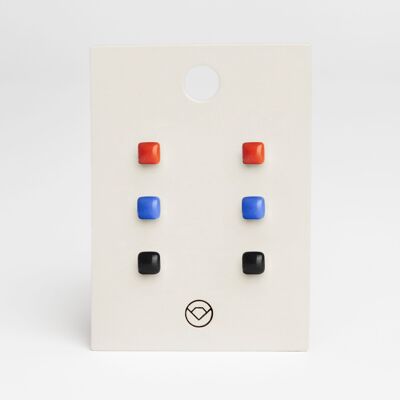 Geometric earrings set of 3 / chili red • sapphire blue • onyx black / upcycling & handmade