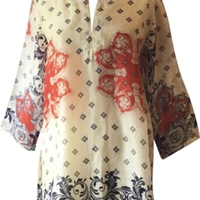 Pure Silk White and Orange Printed Short Kaftan