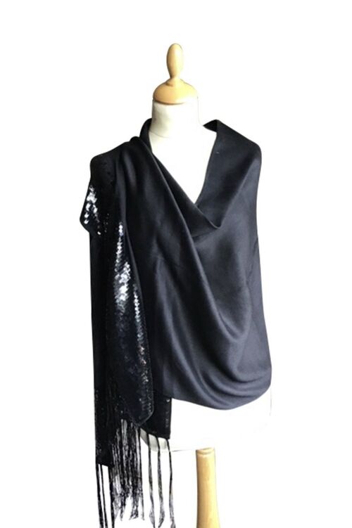 Black Satin Feel Stole With Black Sequinned Border And Long Tassels