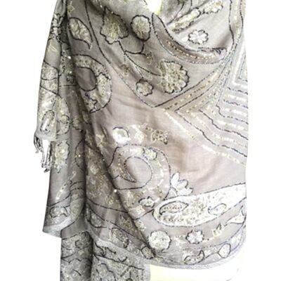 Pure Wool Grey and Beige Embellished Paisley Shawl
