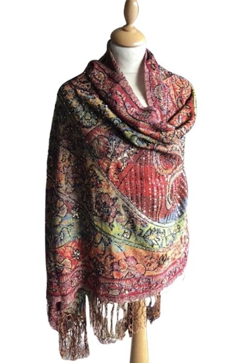 Orange Red Lime Turquoise Embellished Paisley Shawl